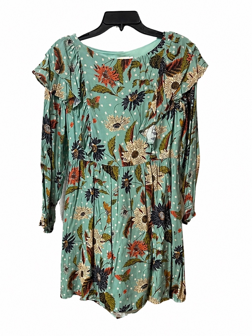 Spartina 449 Mint Floral Ruffle Long-Sleeve Dress with Navy and Rust Accents